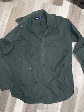 Ralph Lauren Green Button-Up Shirt with Red Polo Logo.